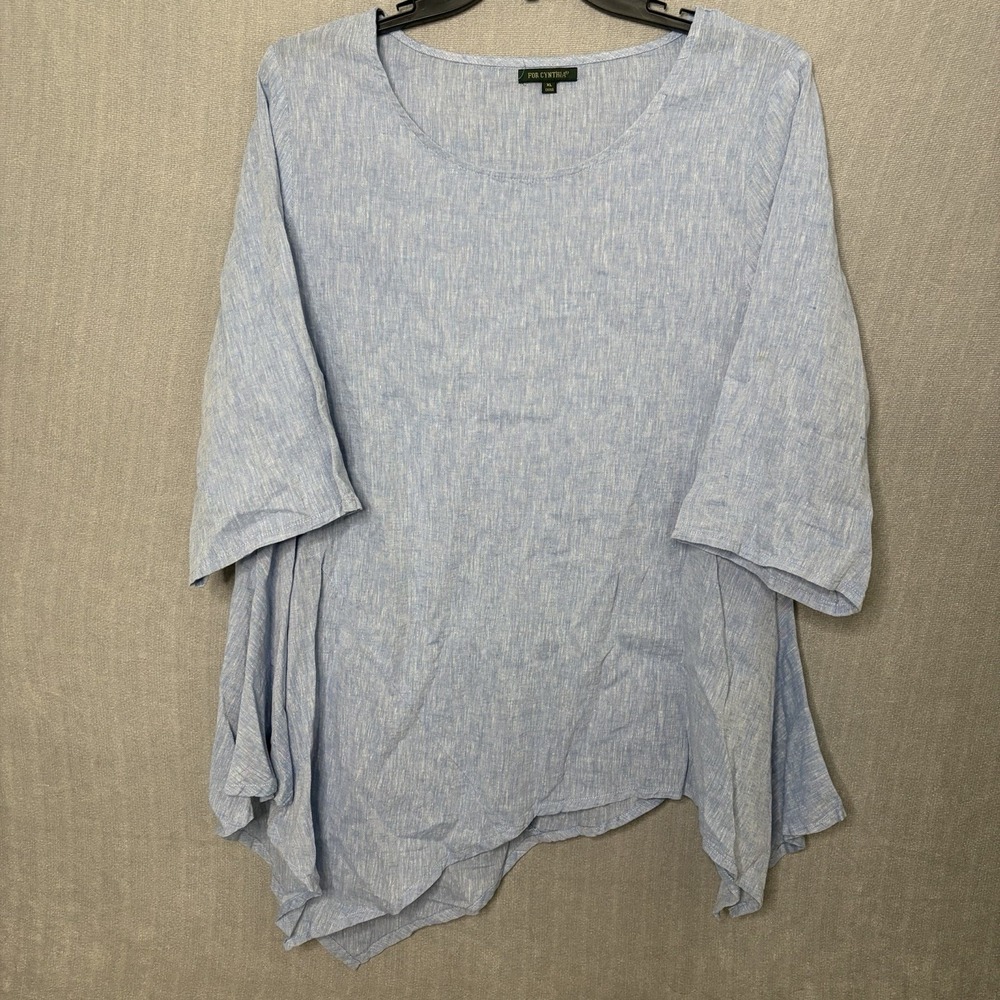 For Cynthia XL Linen Blend Blue Chambray Asymmetrical Tunic Top Lagenlook Bias